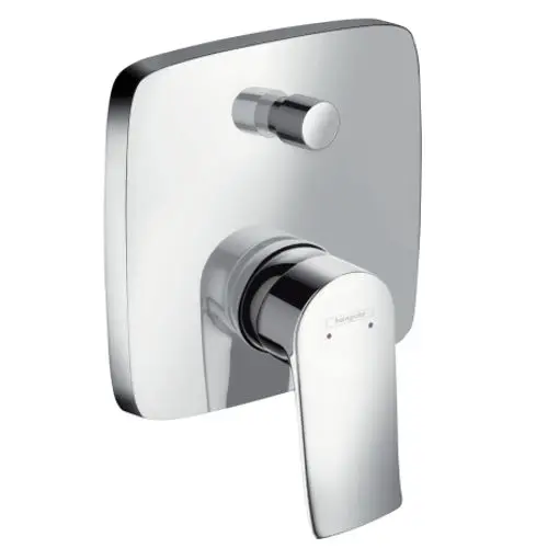 Unterputz-Einhebel-Wannenmischer von Hansgrohe mit verchromter Oberfläche und integriertem Betätigungsknopf für Temperatur- und Mengeneinstellung.